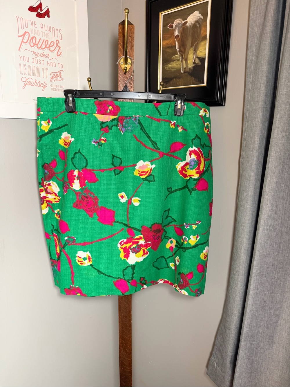 J. Crew Green Floral Pencil Skirt with Pink and Yellow Blooms